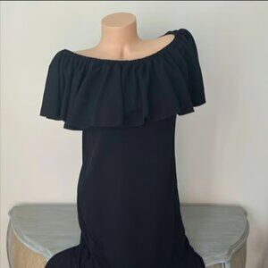 LuLaRoe Cici Mermaid Flounce Dress Medium Off Shoulder Solid Black Ruffle Party